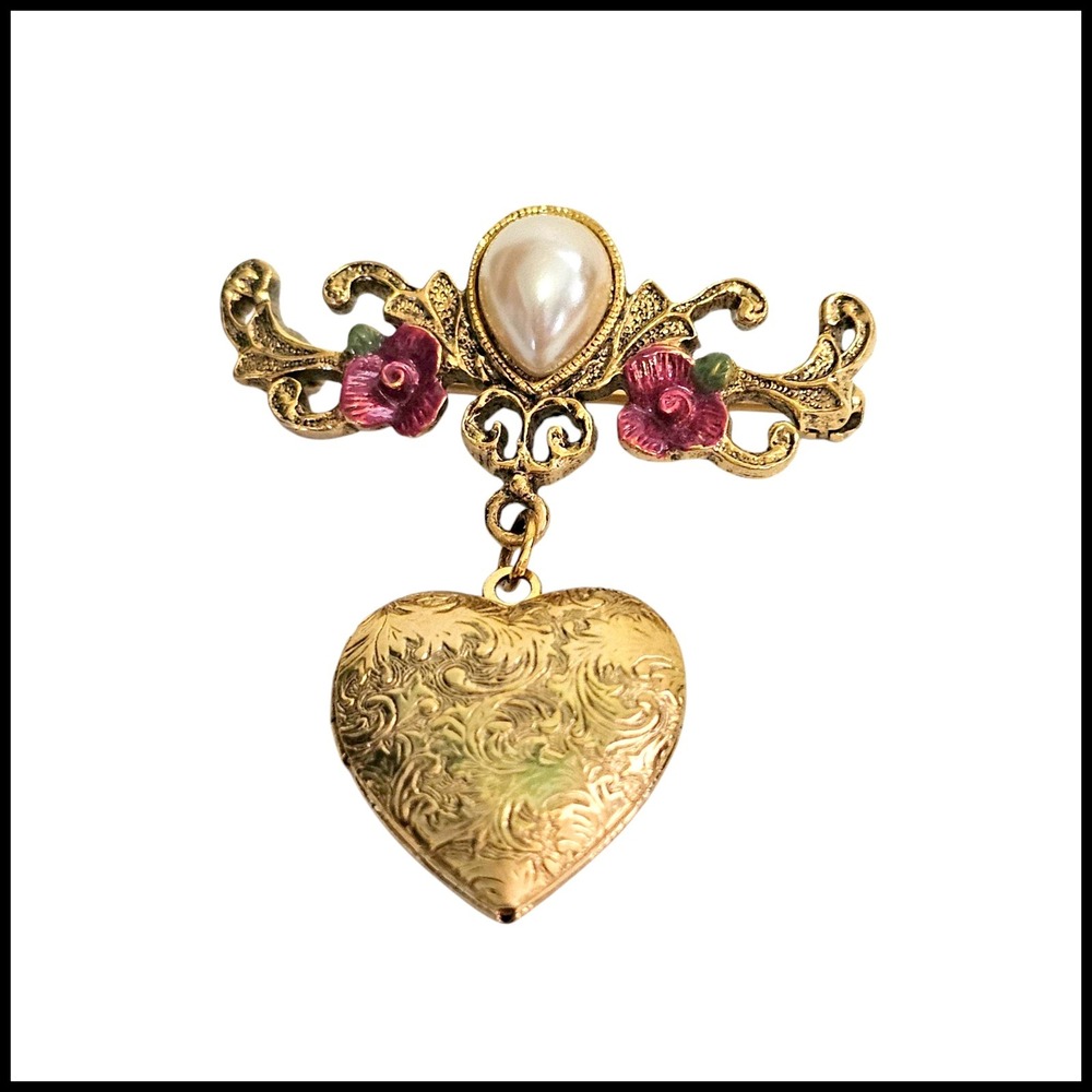 Heart Locket Brooch Vintage Style Pearl Accent Floral Gold Tone‎ Jewelry